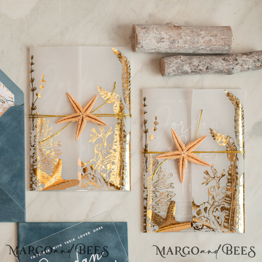 WEDDING INVITATIONS passport to love/ beach wedding invites Beach Acrylic Wedding invitations Vellum Gold wrapping Wedding Invites with starfish Beach wedding Cards Velvet Envelope