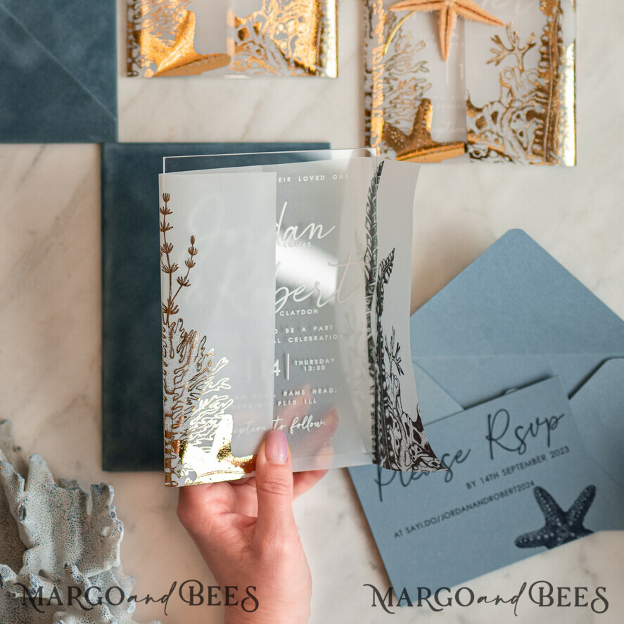 WEDDING INVITATIONS passport to love/ beach wedding invites Beach Acrylic Wedding invitations Vellum Gold wrapping Wedding Invites with starfish Beach wedding Cards Velvet Envelope