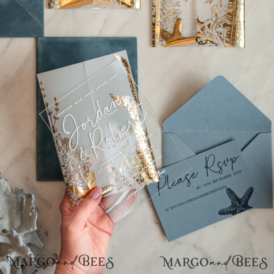 WEDDING INVITATIONS passport to love/ beach wedding invites Beach Acrylic Wedding invitations Vellum Gold wrapping Wedding Invites with starfish Beach wedding Cards Velvet Envelope