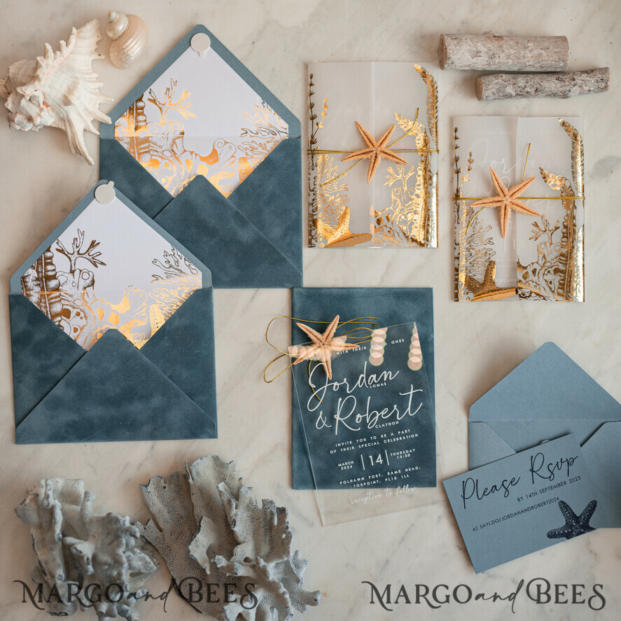 WEDDING INVITATIONS passport to love/ beach wedding invites Beach Acrylic Wedding invitations Vellum Gold wrapping Wedding Invites with starfish Beach wedding Cards Velvet Envelope