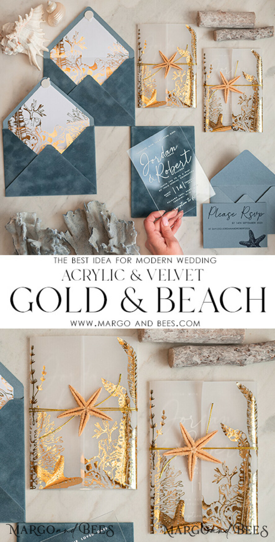 WEDDING INVITATIONS passport to love/ beach wedding invites Beach Acrylic Wedding invitations Vellum Gold wrapping Wedding Invites with starfish Beach wedding Cards Velvet Envelope
