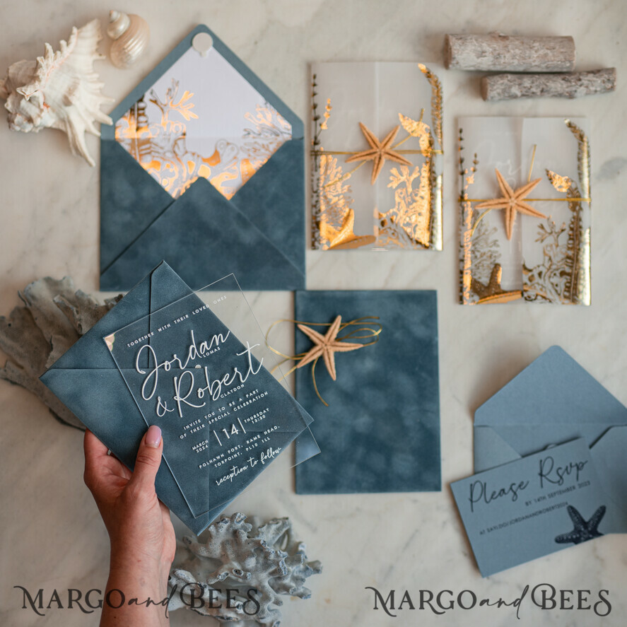 WEDDING INVITATIONS passport to love/ beach wedding invites Beach Acrylic Wedding invitations Vellum Gold wrapping Wedding Invites with starfish Beach wedding Cards Velvet Envelope