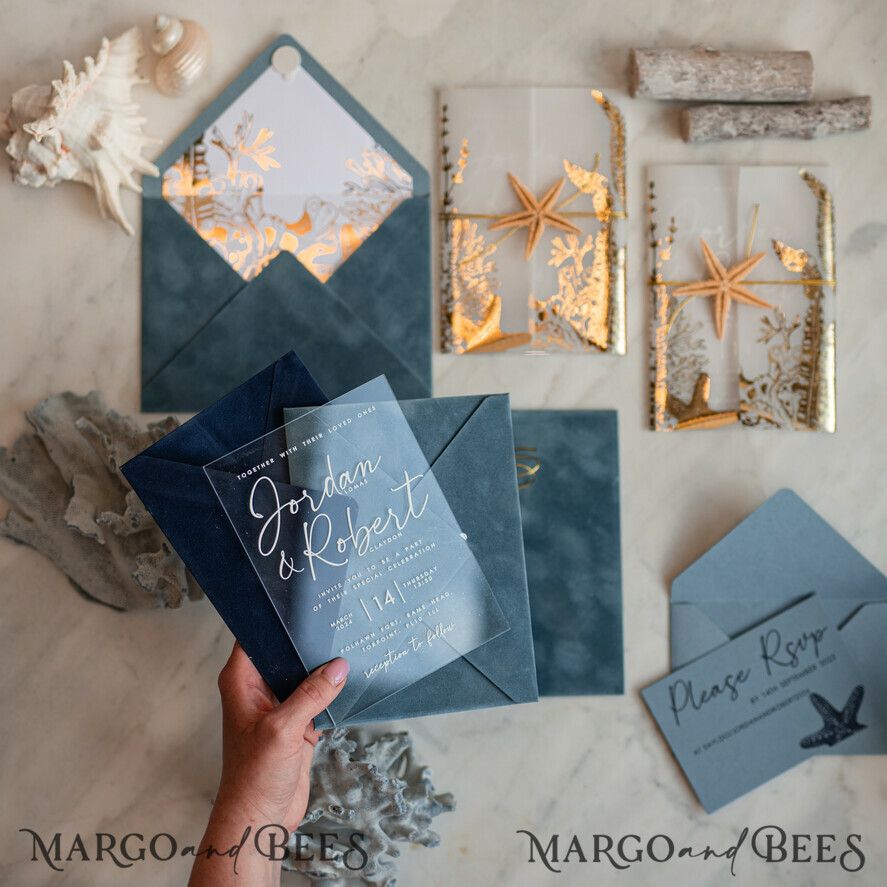 WEDDING INVITATIONS passport to love/ beach wedding invites Beach Acrylic Wedding invitations Vellum Gold wrapping Wedding Invites with starfish Beach wedding Cards Velvet Envelope