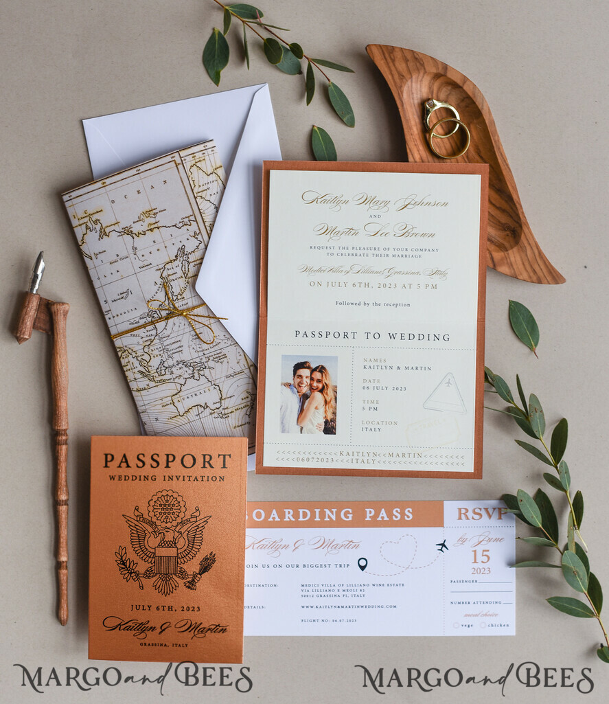 WEDDING INVITATIONS passport to love/ beach wedding invites Terracotta Passport Wedding Invitation, Rustic Wedding Cards Boarding Pass, Passport Wedding Invitations Abroad, Destination Wedding Invites, Travel Map Wedding Stationary
