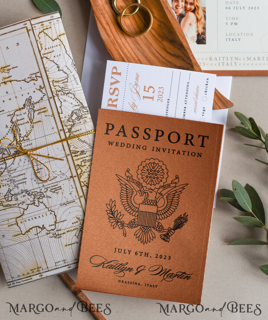WEDDING INVITATIONS passport to love/ beach wedding invites Terracotta Passport Wedding Invitation, Rustic Wedding Cards Boarding Pass, Passport Wedding Invitations Abroad, Destination Wedding Invites, Travel Map Wedding Stationary