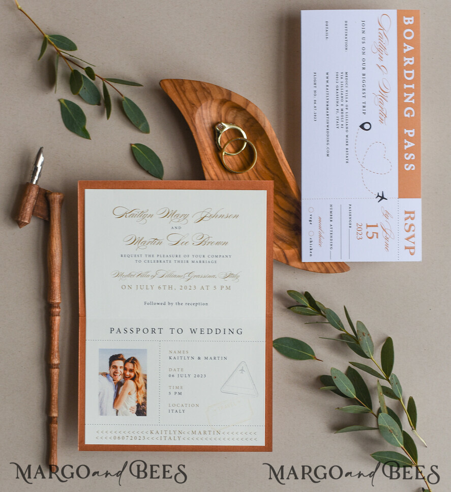 WEDDING INVITATIONS passport to love/ beach wedding invites Terracotta Passport Wedding Invitation, Rustic Wedding Cards Boarding Pass, Passport Wedding Invitations Abroad, Destination Wedding Invites, Travel Map Wedding Stationary