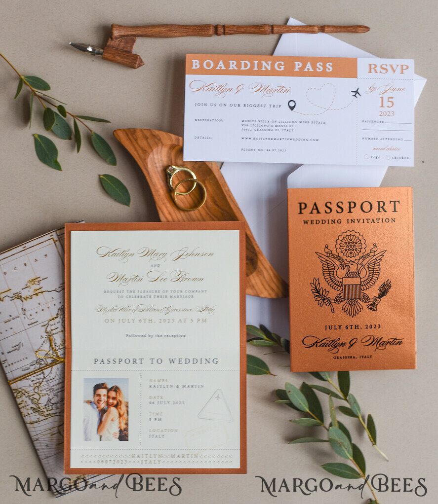 WEDDING INVITATIONS passport to love/ beach wedding invites Terracotta Passport Wedding Invitation, Rustic Wedding Cards Boarding Pass, Passport Wedding Invitations Abroad, Destination Wedding Invites, Travel Map Wedding Stationary