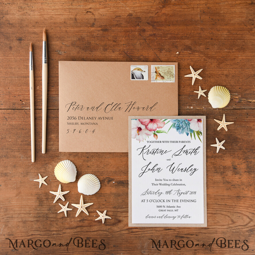 WEDDING INVITATIONS passport to love/ beach wedding invites Tropical beach Wedding Invitations, Starfish Watercolor Seaside Wedding Invites, Hibiscus Flowers Wedding Cards