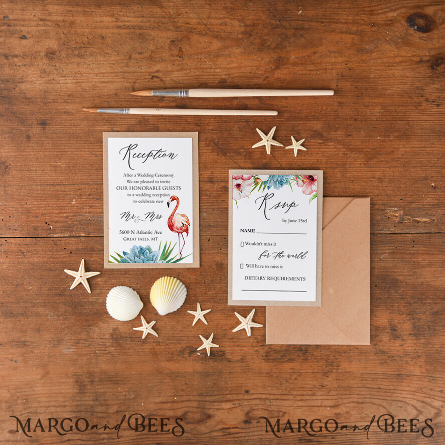 WEDDING INVITATIONS passport to love/ beach wedding invites Tropical beach Wedding Invitations, Starfish Watercolor Seaside Wedding Invites, Hibiscus Flowers Wedding Cards