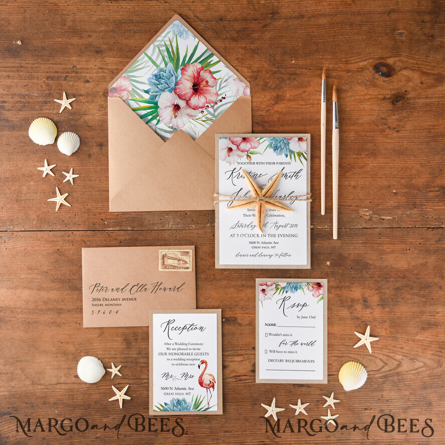 WEDDING INVITATIONS passport to love/ beach wedding invites Tropical beach Wedding Invitations, Starfish Watercolor Seaside Wedding Invites, Hibiscus Flowers Wedding Cards