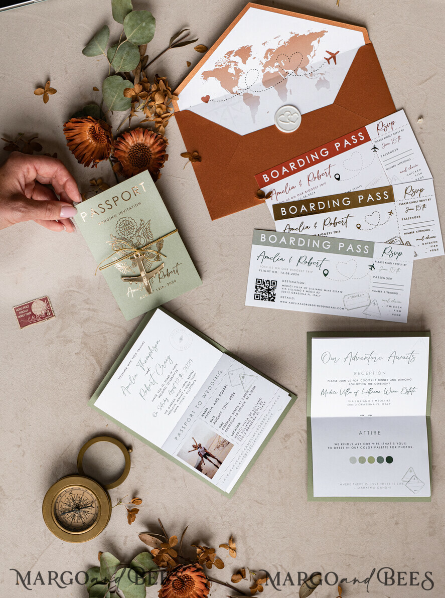 HOCHZEITS EINLADUNGEN Pass zur Liebe / Strandhochzeits-Einladungen Salbeigrüne Terrakotta-Passport-Hochzeits Einladung, verbranntes Orange-Gold-Hochzeitskarten Boarding Pass, Toskana-Passport-Hochzeitseinladungen im Ausland, Hochzeits Einladungen für Zielorte, Reisekarten-Hochzeitsstationery