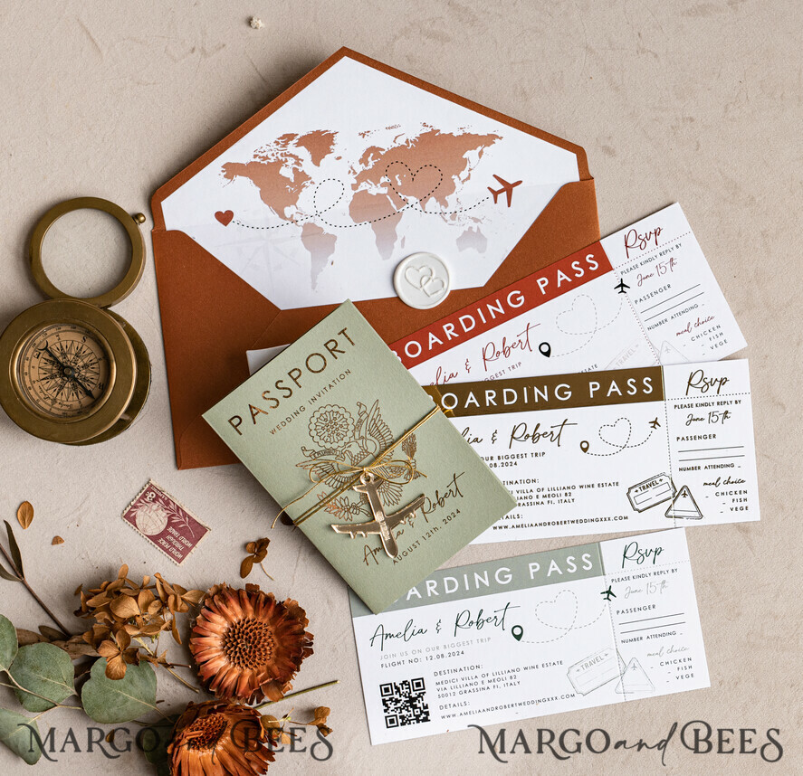 HOCHZEITS EINLADUNGEN Pass zur Liebe / Strandhochzeits-Einladungen Salbeigrüne Terrakotta-Passport-Hochzeits Einladung, verbranntes Orange-Gold-Hochzeitskarten Boarding Pass, Toskana-Passport-Hochzeitseinladungen im Ausland, Hochzeits Einladungen für Zielorte, Reisekarten-Hochzeitsstationery