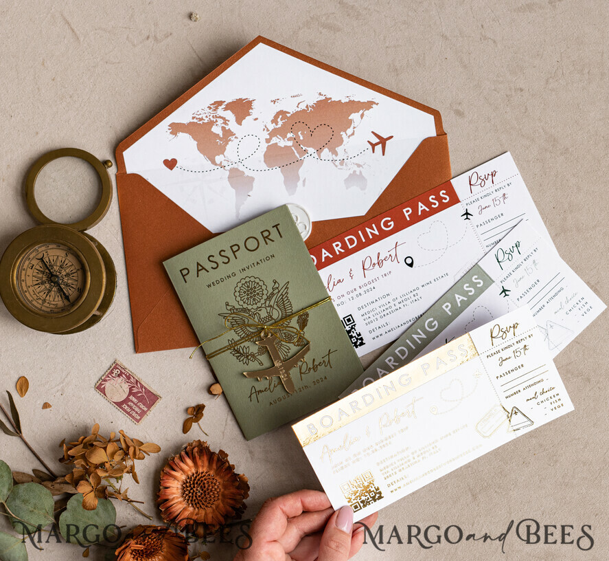 HOCHZEITS EINLADUNGEN Pass zur Liebe / Strandhochzeits-Einladungen Salbeigrüne Terrakotta-Passport-Hochzeits Einladung, verbranntes Orange-Gold-Hochzeitskarten Boarding Pass, Toskana-Passport-Hochzeitseinladungen im Ausland, Hochzeits Einladungen für Zielorte, Reisekarten-Hochzeitsstationery
