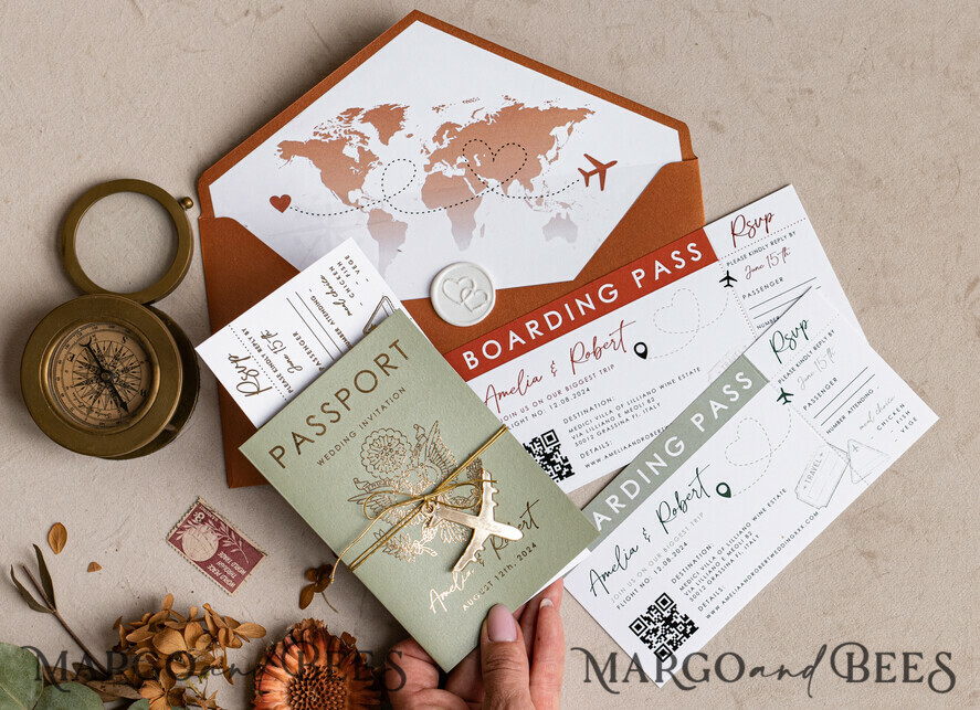 HOCHZEITS EINLADUNGEN Pass zur Liebe / Strandhochzeits-Einladungen Salbeigrüne Terrakotta-Passport-Hochzeits Einladung, verbranntes Orange-Gold-Hochzeitskarten Boarding Pass, Toskana-Passport-Hochzeitseinladungen im Ausland, Hochzeits Einladungen für Zielorte, Reisekarten-Hochzeitsstationery