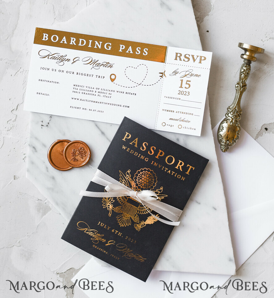 WEDDING INVITATIONS passport to love/ beach wedding invites Gold Passport Wedding Invitation, Map Wedding Cards Boarding Pass, Black Passport Wedding Invitations Abroad, Destination Wedding Invites, Travel Map Wedding Stationary