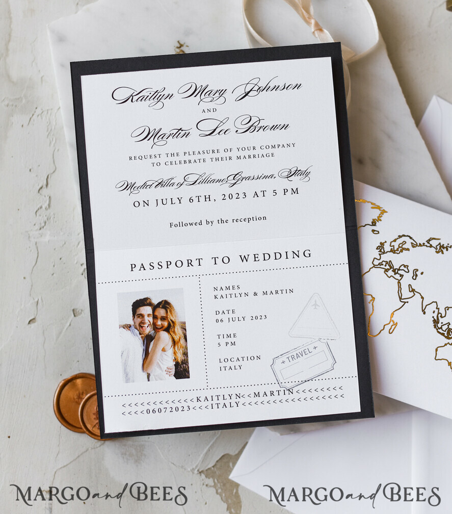 WEDDING INVITATIONS passport to love/ beach wedding invites Gold Passport Wedding Invitation, Map Wedding Cards Boarding Pass, Black Passport Wedding Invitations Abroad, Destination Wedding Invites, Travel Map Wedding Stationary