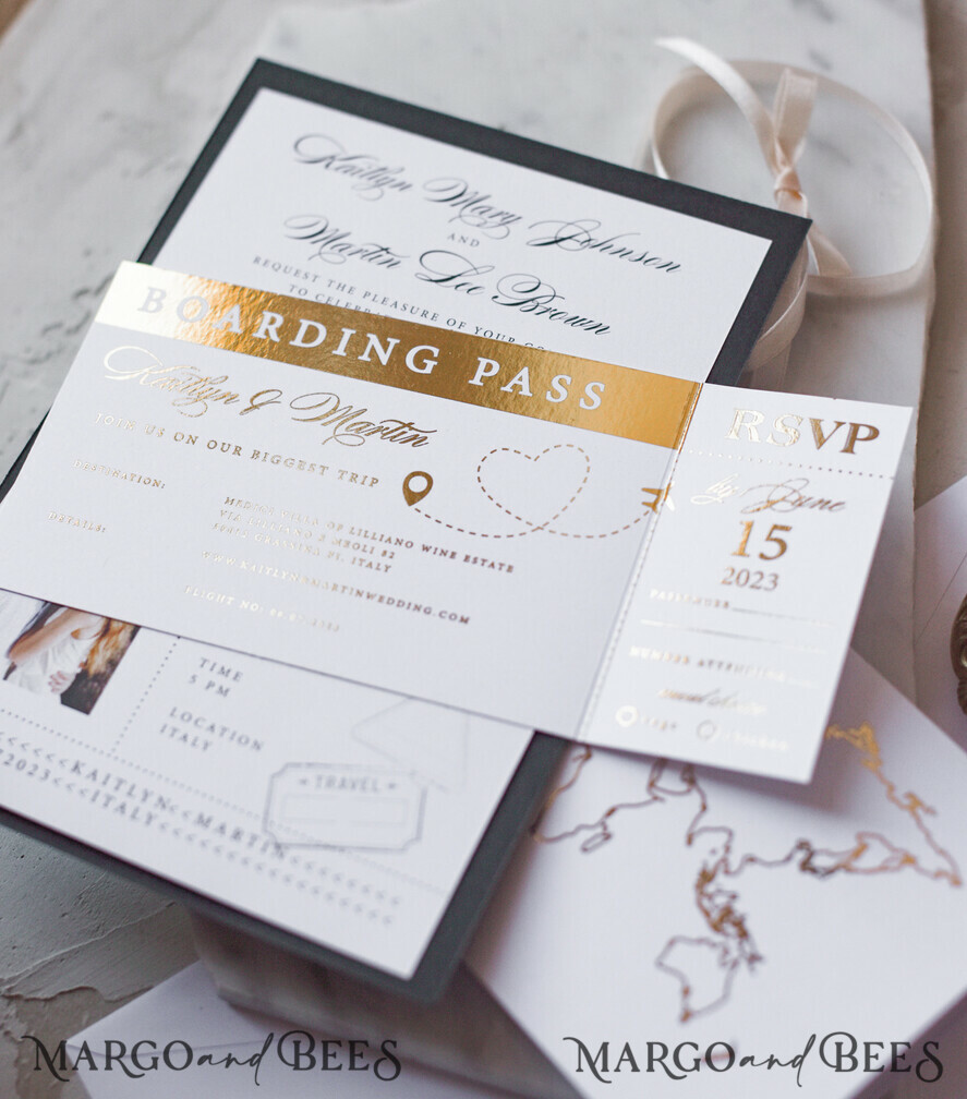 WEDDING INVITATIONS passport to love/ beach wedding invites Gold Passport Wedding Invitation, Map Wedding Cards Boarding Pass, Black Passport Wedding Invitations Abroad, Destination Wedding Invites, Travel Map Wedding Stationary