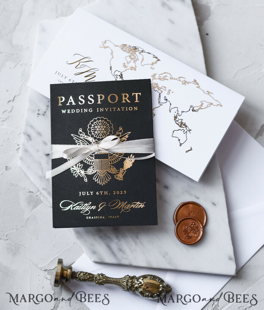 WEDDING INVITATIONS passport to love/ beach wedding invites Gold Passport Wedding Invitation, Map Wedding Cards Boarding Pass, Black Passport Wedding Invitations Abroad, Destination Wedding Invites, Travel Map Wedding Stationary