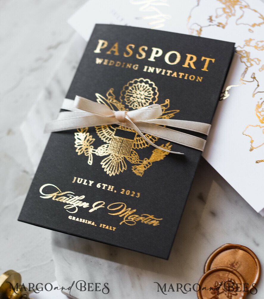 WEDDING INVITATIONS passport to love/ beach wedding invites Gold Passport Wedding Invitation, Map Wedding Cards Boarding Pass, Black Passport Wedding Invitations Abroad, Destination Wedding Invites, Travel Map Wedding Stationary