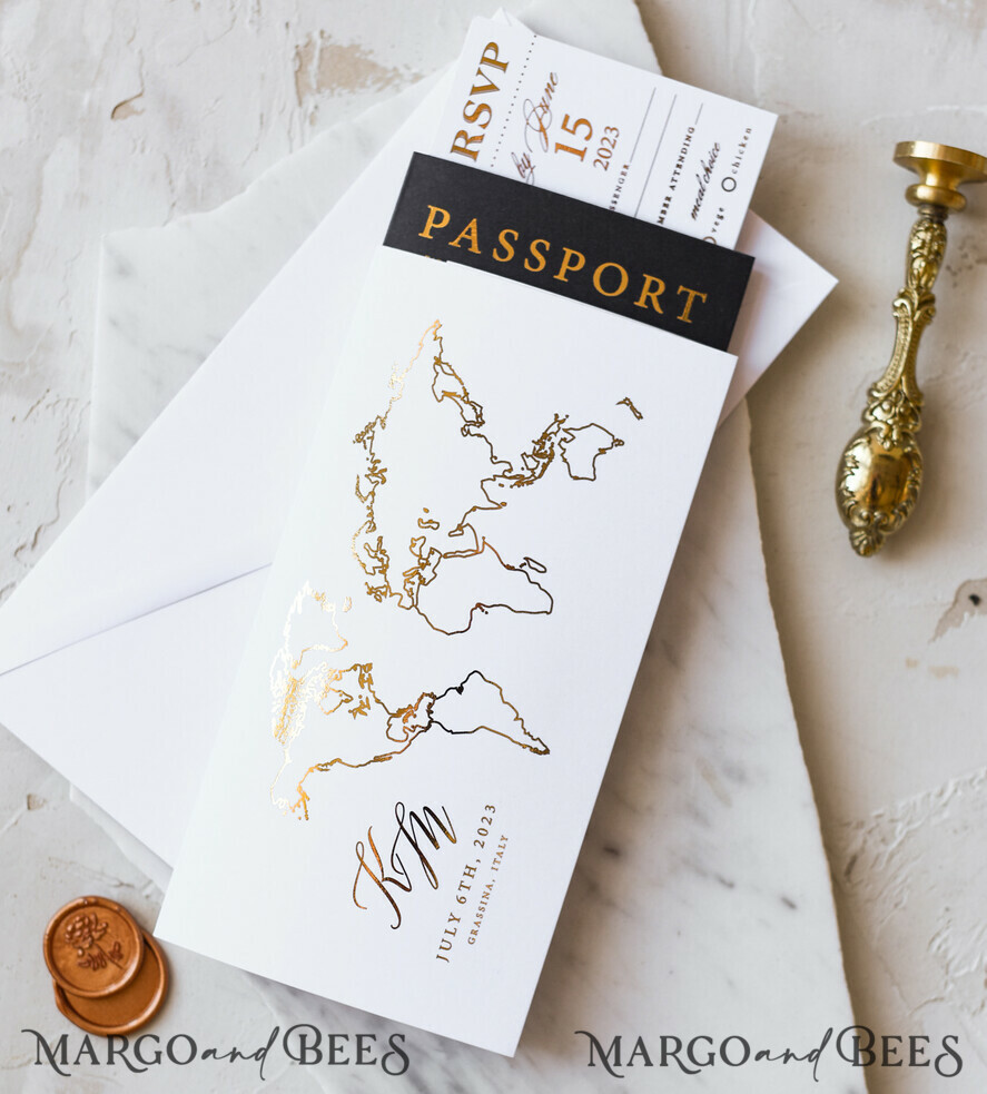 WEDDING INVITATIONS passport to love/ beach wedding invites Gold Passport Wedding Invitation, Map Wedding Cards Boarding Pass, Black Passport Wedding Invitations Abroad, Destination Wedding Invites, Travel Map Wedding Stationary