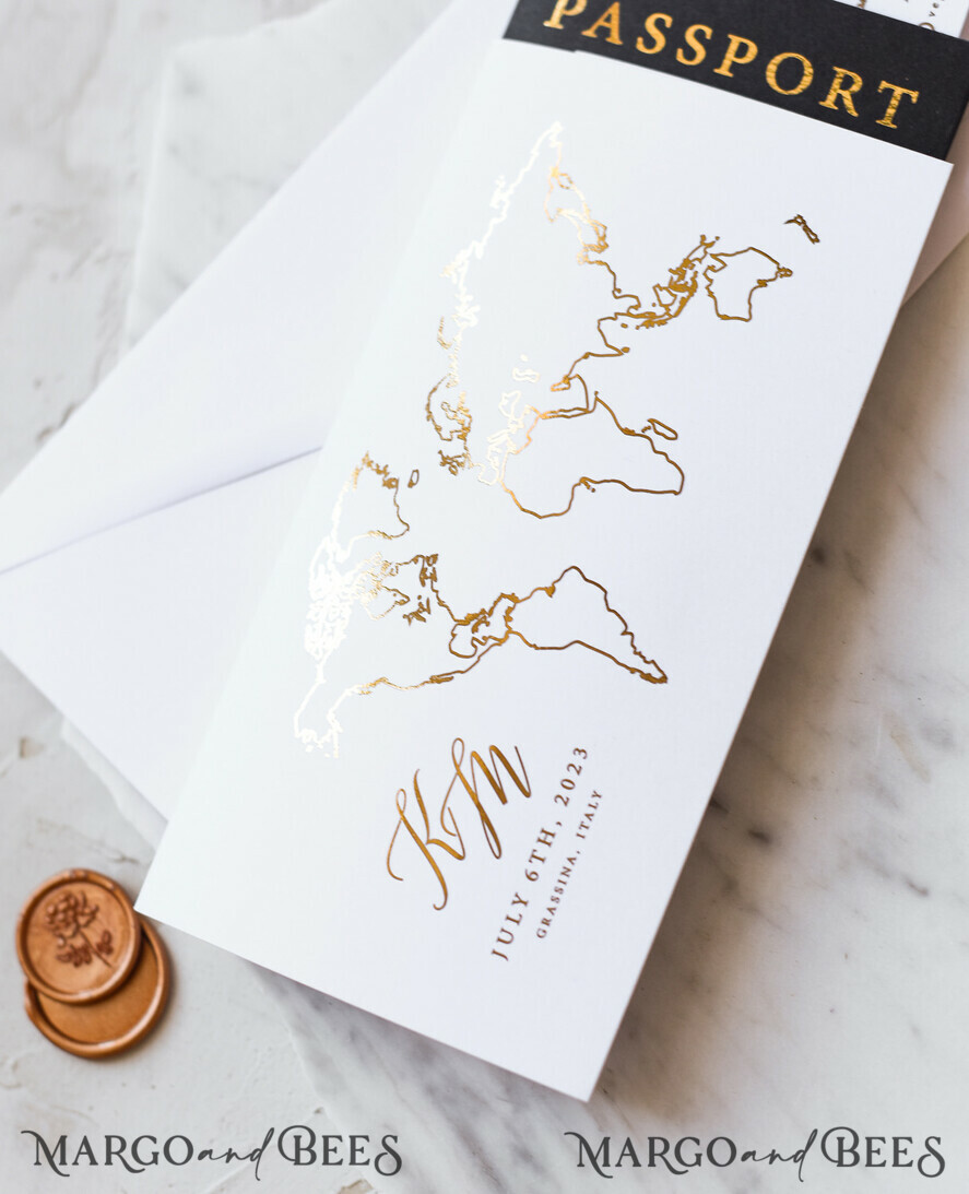 WEDDING INVITATIONS passport to love/ beach wedding invites Gold Passport Wedding Invitation, Map Wedding Cards Boarding Pass, Black Passport Wedding Invitations Abroad, Destination Wedding Invites, Travel Map Wedding Stationary