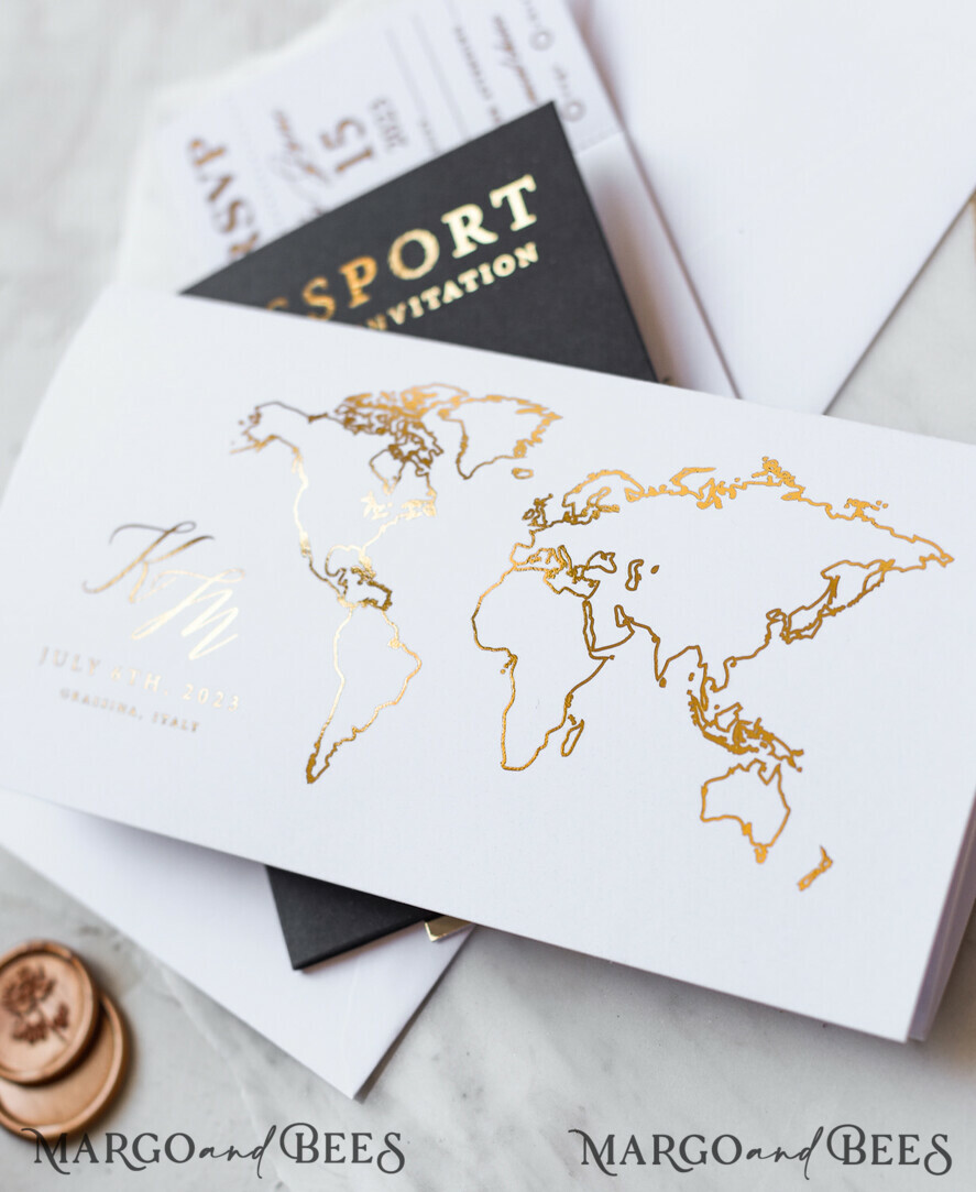 WEDDING INVITATIONS passport to love/ beach wedding invites Gold Passport Wedding Invitation, Map Wedding Cards Boarding Pass, Black Passport Wedding Invitations Abroad, Destination Wedding Invites, Travel Map Wedding Stationary