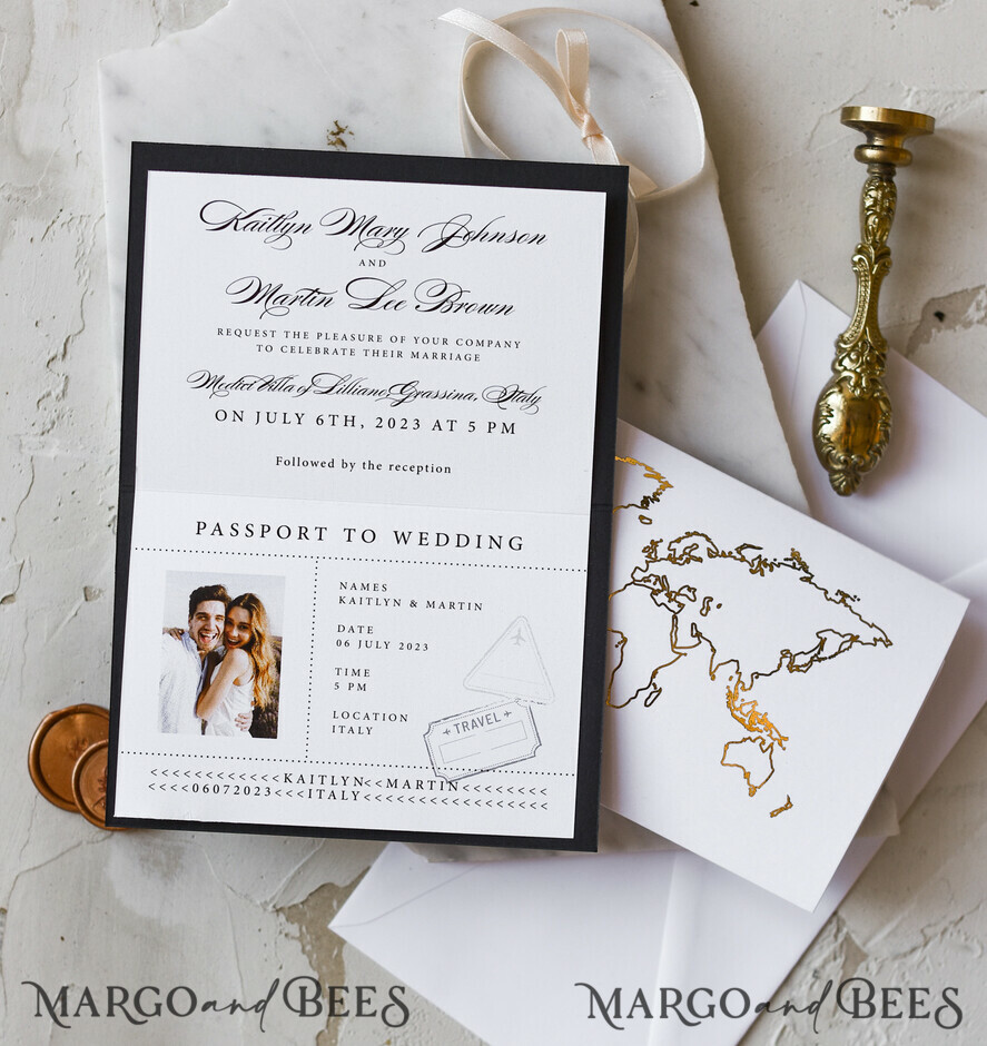 WEDDING INVITATIONS passport to love/ beach wedding invites Gold Passport Wedding Invitation, Map Wedding Cards Boarding Pass, Black Passport Wedding Invitations Abroad, Destination Wedding Invites, Travel Map Wedding Stationary