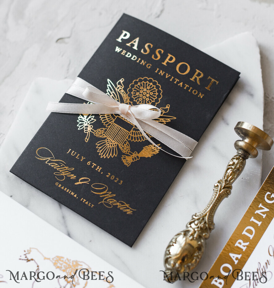 WEDDING INVITATIONS passport to love/ beach wedding invites Gold Passport Wedding Invitation, Map Wedding Cards Boarding Pass, Black Passport Wedding Invitations Abroad, Destination Wedding Invites, Travel Map Wedding Stationary