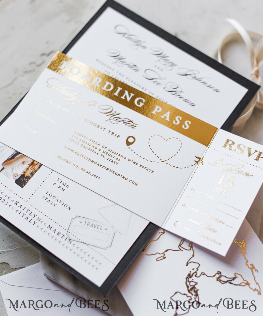 WEDDING INVITATIONS passport to love/ beach wedding invites Gold Passport Wedding Invitation, Map Wedding Cards Boarding Pass, Black Passport Wedding Invitations Abroad, Destination Wedding Invites, Travel Map Wedding Stationary