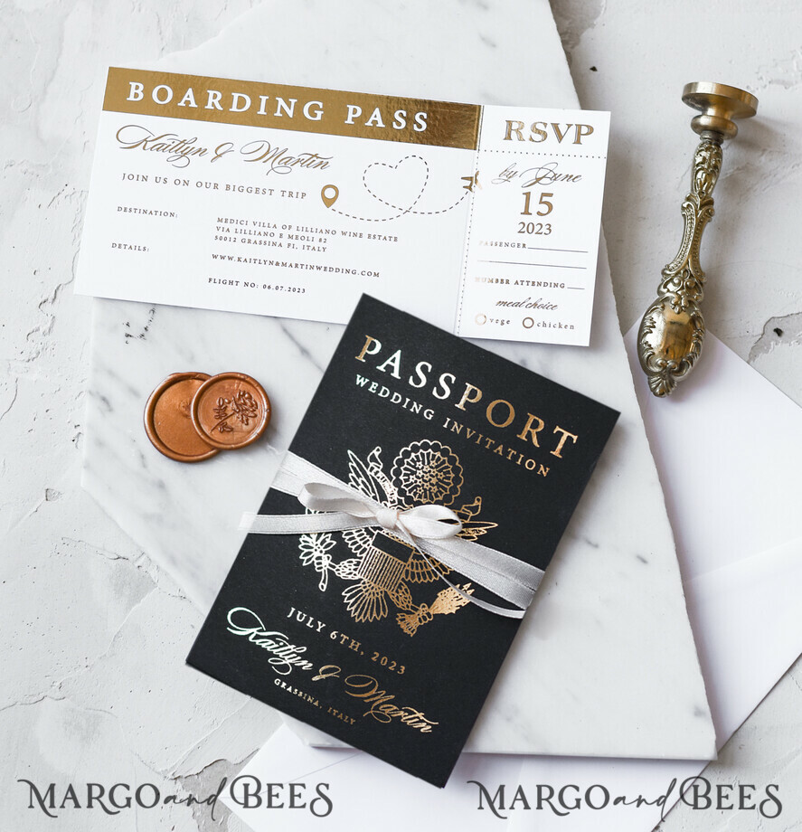 WEDDING INVITATIONS passport to love/ beach wedding invites Gold Passport Wedding Invitation, Map Wedding Cards Boarding Pass, Black Passport Wedding Invitations Abroad, Destination Wedding Invites, Travel Map Wedding Stationary