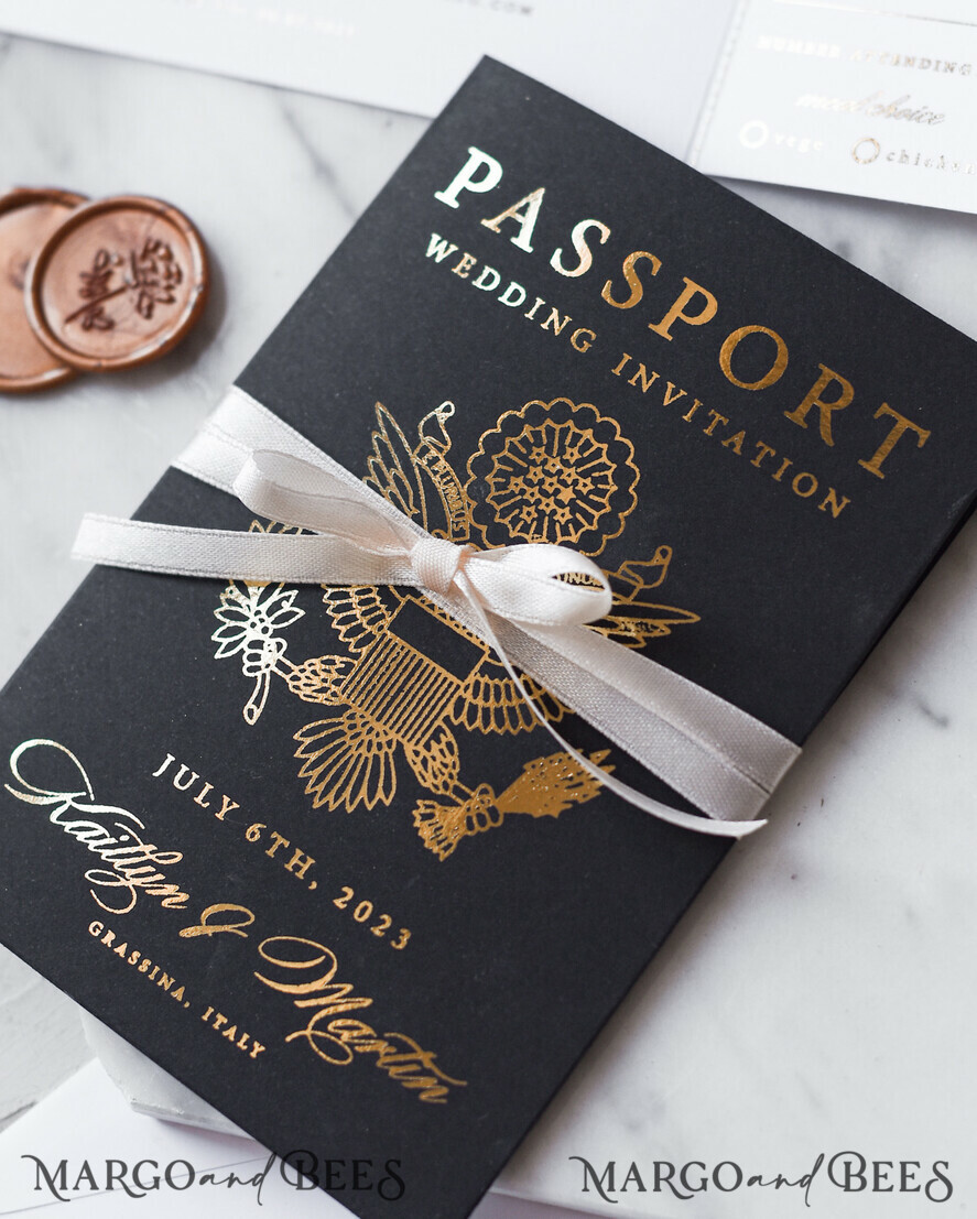WEDDING INVITATIONS passport to love/ beach wedding invites Gold Passport Wedding Invitation, Map Wedding Cards Boarding Pass, Black Passport Wedding Invitations Abroad, Destination Wedding Invites, Travel Map Wedding Stationary