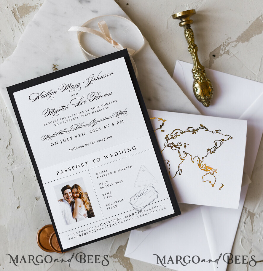 WEDDING INVITATIONS passport to love/ beach wedding invites Gold Passport Wedding Invitation, Map Wedding Cards Boarding Pass, Black Passport Wedding Invitations Abroad, Destination Wedding Invites, Travel Map Wedding Stationary