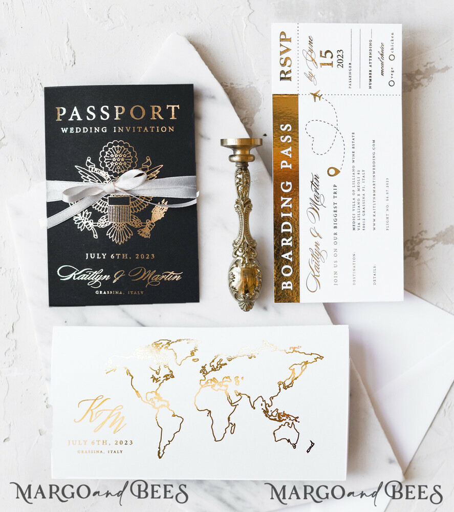 WEDDING INVITATIONS passport to love/ beach wedding invites Gold Passport Wedding Invitation, Map Wedding Cards Boarding Pass, Black Passport Wedding Invitations Abroad, Destination Wedding Invites, Travel Map Wedding Stationary