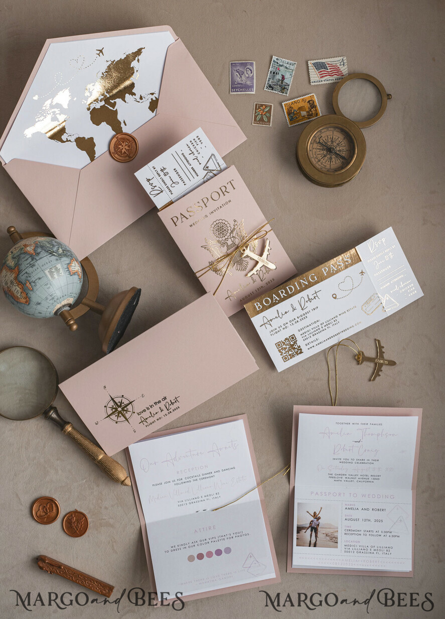 HOCHZEITS EINLADUNGEN Pass zur Liebe / Strandhochzeits-Einladungen Goldene Blühende Pink Passport Hochzeits Einladung, Goldene Hochzeitskarten Boarding Pass, Reise Pass Hochzeits Einladungen im Ausland, Ziel Hochzeits Einladungen, Reise Karte Hochzeitsstationery.