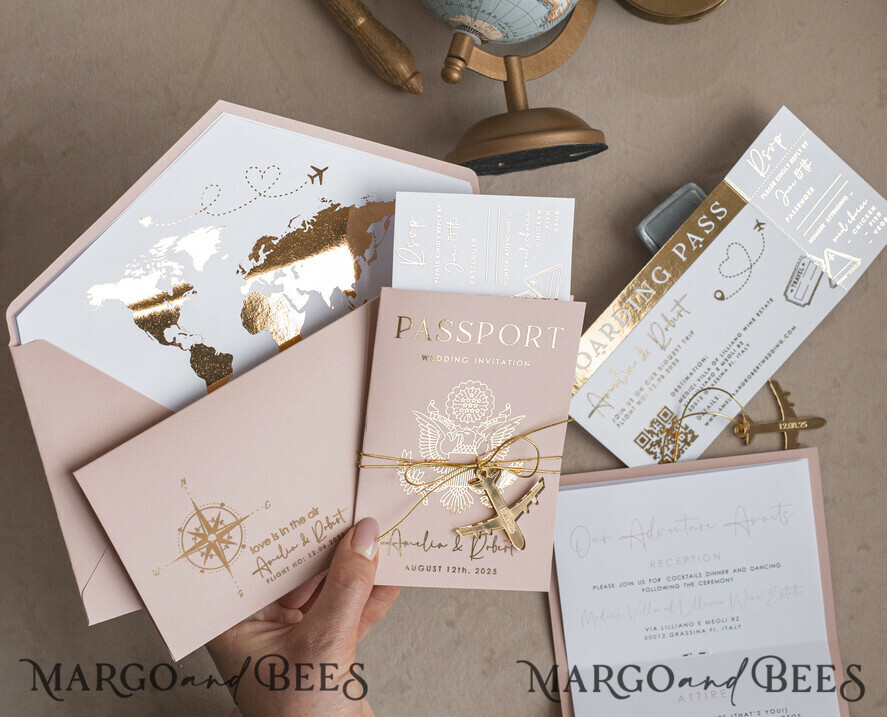 HOCHZEITS EINLADUNGEN Pass zur Liebe / Strandhochzeits-Einladungen Goldene Blühende Pink Passport Hochzeits Einladung, Goldene Hochzeitskarten Boarding Pass, Reise Pass Hochzeits Einladungen im Ausland, Ziel Hochzeits Einladungen, Reise Karte Hochzeitsstationery.