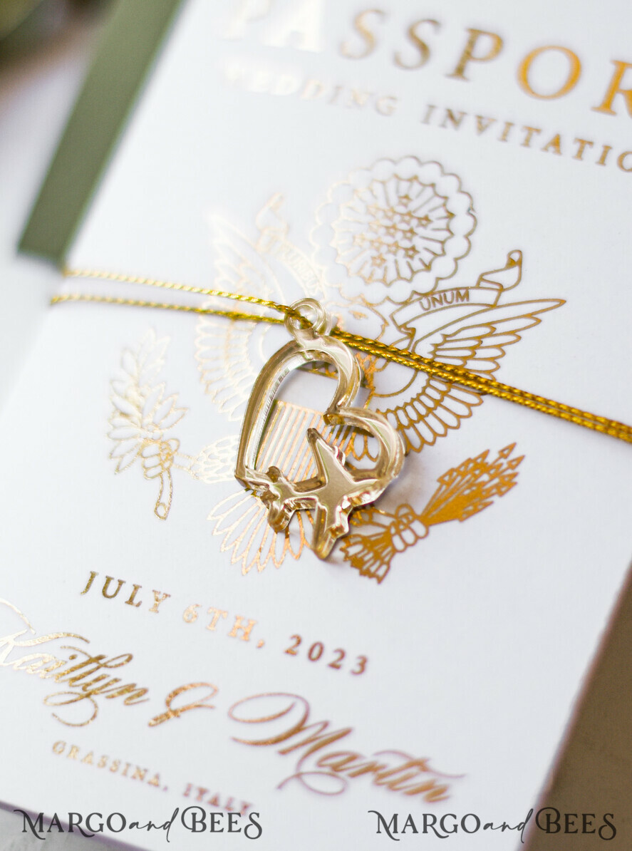 WEDDING INVITATIONS passport to love/ beach wedding invites White Gold Passport Wedding Invitation, Golden Plane Wedding Cards Boarding Pass, Olive green Travel Passport Wedding Invitations Abroad, Destination Wedding Invites