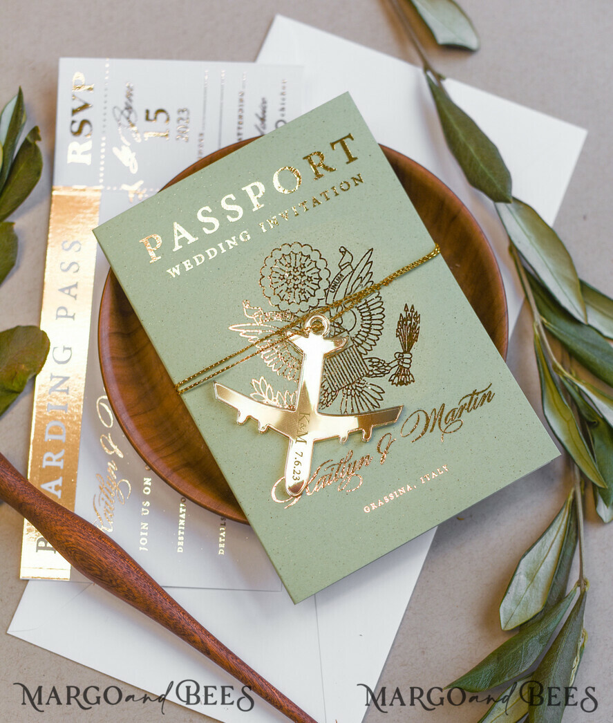 WEDDING INVITATIONS passport to love/ beach wedding invites Sage Green Tusacny Passport Wedding Invitation, Gold Greece Wedding Cards Boarding Pass, Passport Wedding Invitations Abroad, Greenery Destination Wedding Invites, Travel Map Wedding Stationary