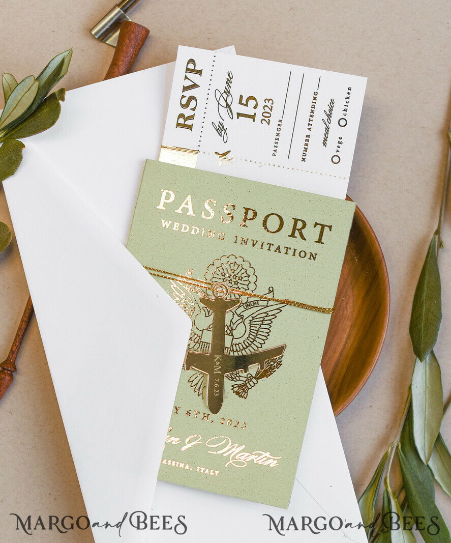 WEDDING INVITATIONS passport to love/ beach wedding invites Sage Green Tusacny Passport Wedding Invitation, Gold Greece Wedding Cards Boarding Pass, Passport Wedding Invitations Abroad, Greenery Destination Wedding Invites, Travel Map Wedding Stationary