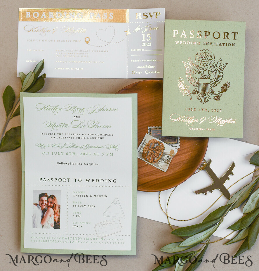 WEDDING INVITATIONS passport to love/ beach wedding invites Sage Green Tusacny Passport Wedding Invitation, Gold Greece Wedding Cards Boarding Pass, Passport Wedding Invitations Abroad, Greenery Destination Wedding Invites, Travel Map Wedding Stationary