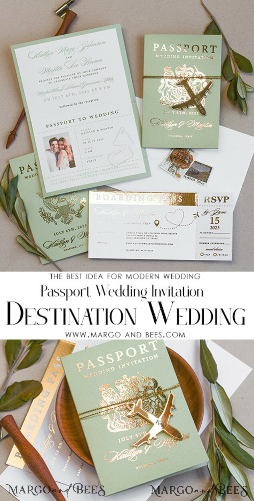 WEDDING INVITATIONS passport to love/ beach wedding invites Sage Green Tusacny Passport Wedding Invitation, Gold Greece Wedding Cards Boarding Pass, Passport Wedding Invitations Abroad, Greenery Destination Wedding Invites, Travel Map Wedding Stationary