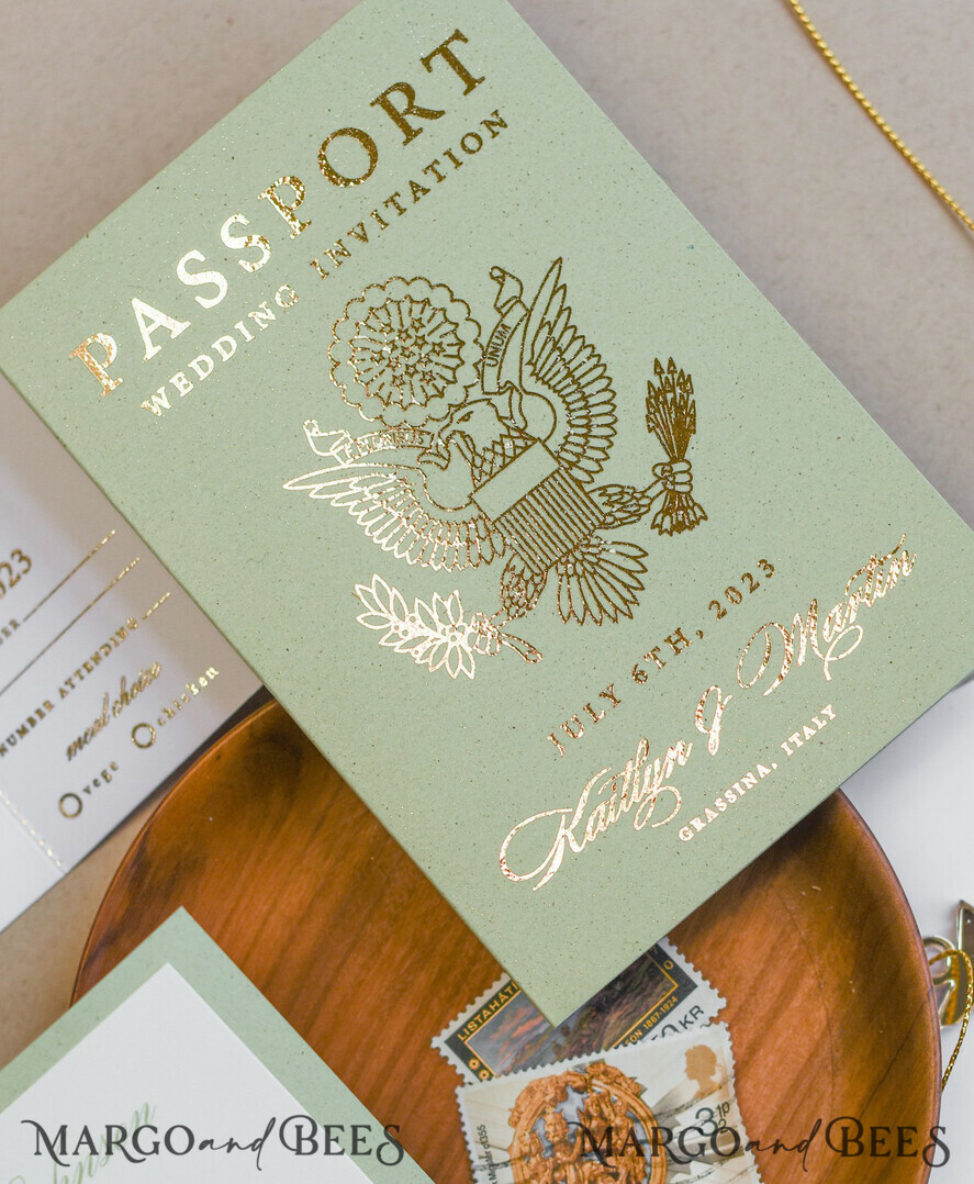 WEDDING INVITATIONS passport to love/ beach wedding invites Sage Green Tusacny Passport Wedding Invitation, Gold Greece Wedding Cards Boarding Pass, Passport Wedding Invitations Abroad, Greenery Destination Wedding Invites, Travel Map Wedding Stationary