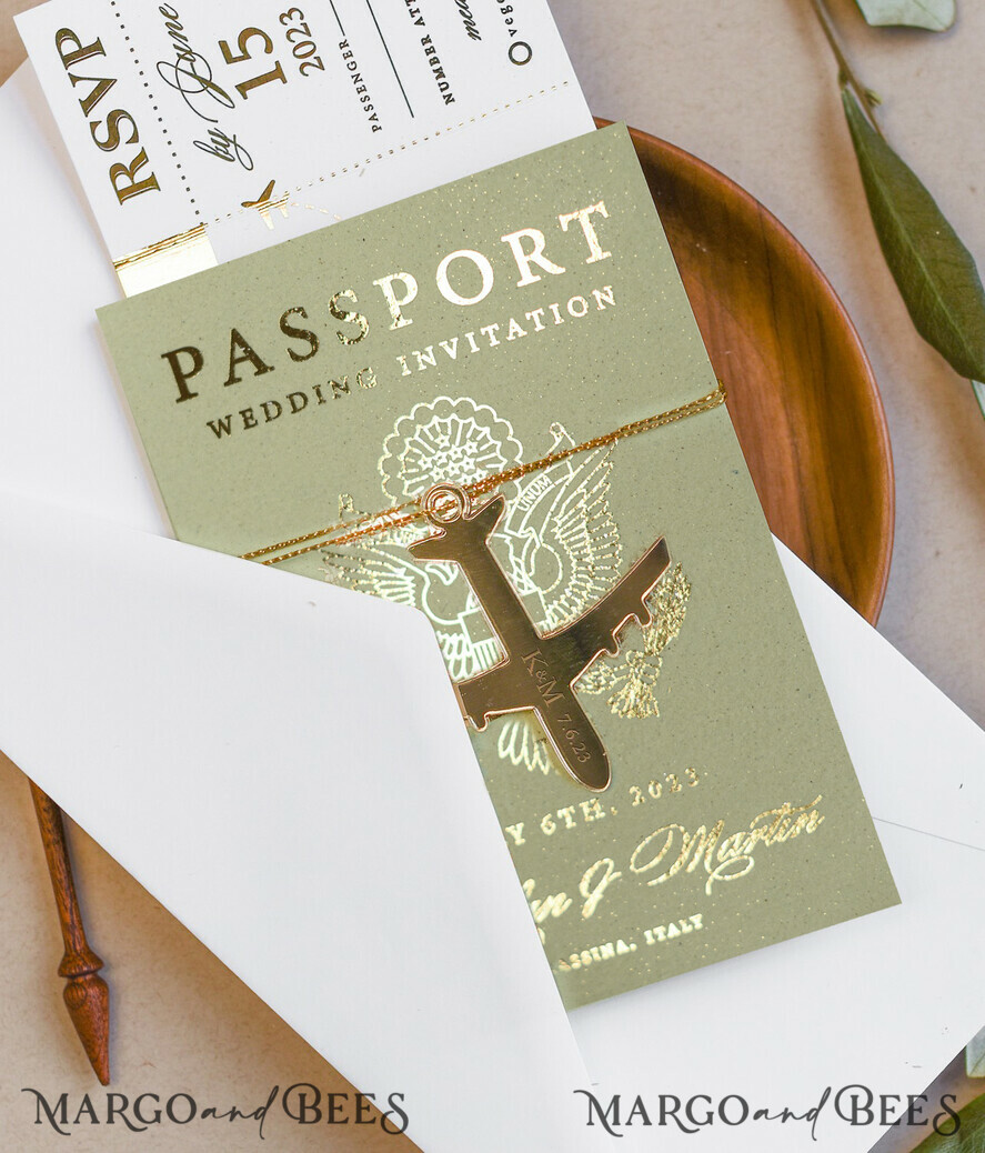 WEDDING INVITATIONS passport to love/ beach wedding invites Sage Green Tusacny Passport Wedding Invitation, Gold Greece Wedding Cards Boarding Pass, Passport Wedding Invitations Abroad, Greenery Destination Wedding Invites, Travel Map Wedding Stationary