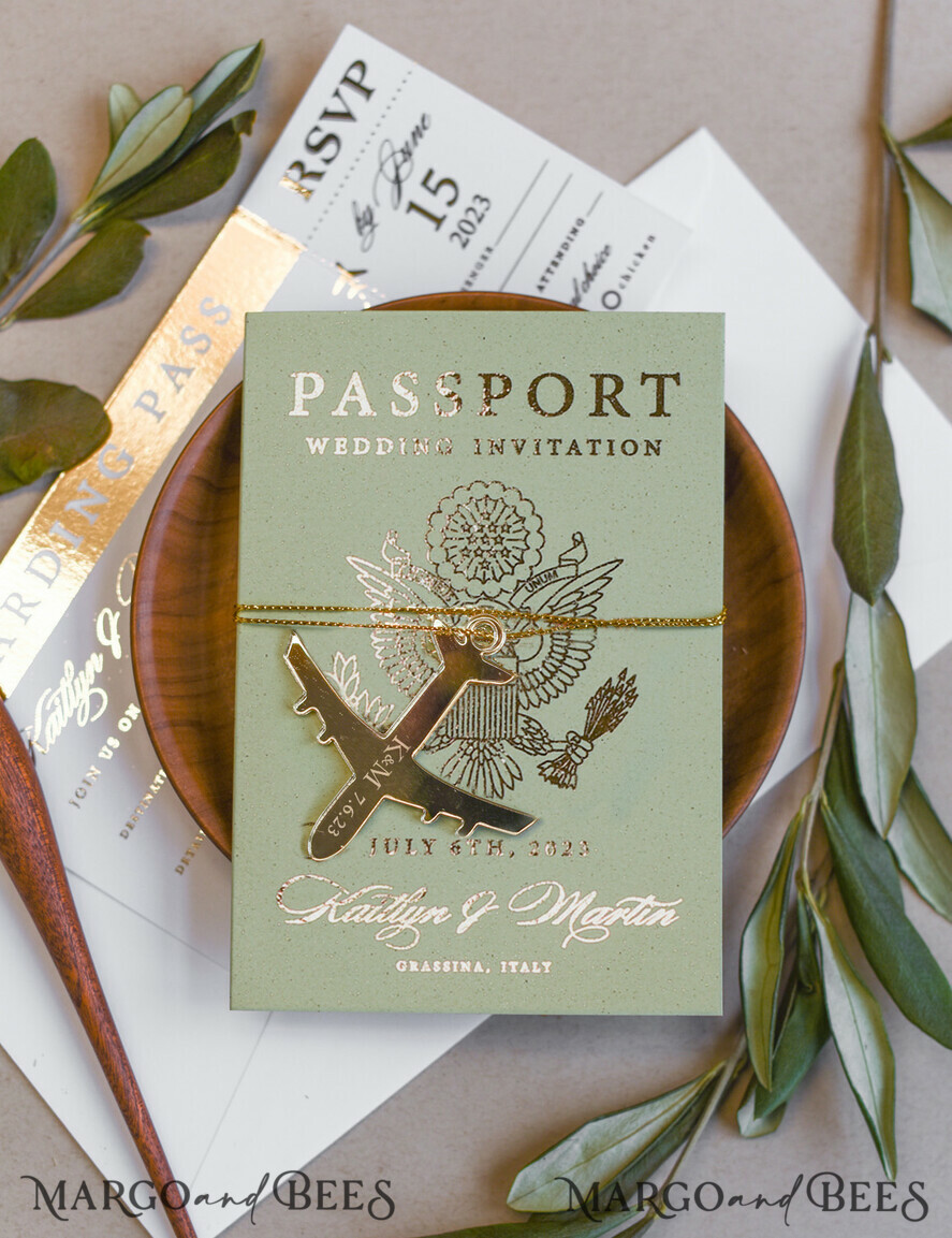 WEDDING INVITATIONS passport to love/ beach wedding invites Sage Green Tusacny Passport Wedding Invitation, Gold Greece Wedding Cards Boarding Pass, Passport Wedding Invitations Abroad, Greenery Destination Wedding Invites, Travel Map Wedding Stationary