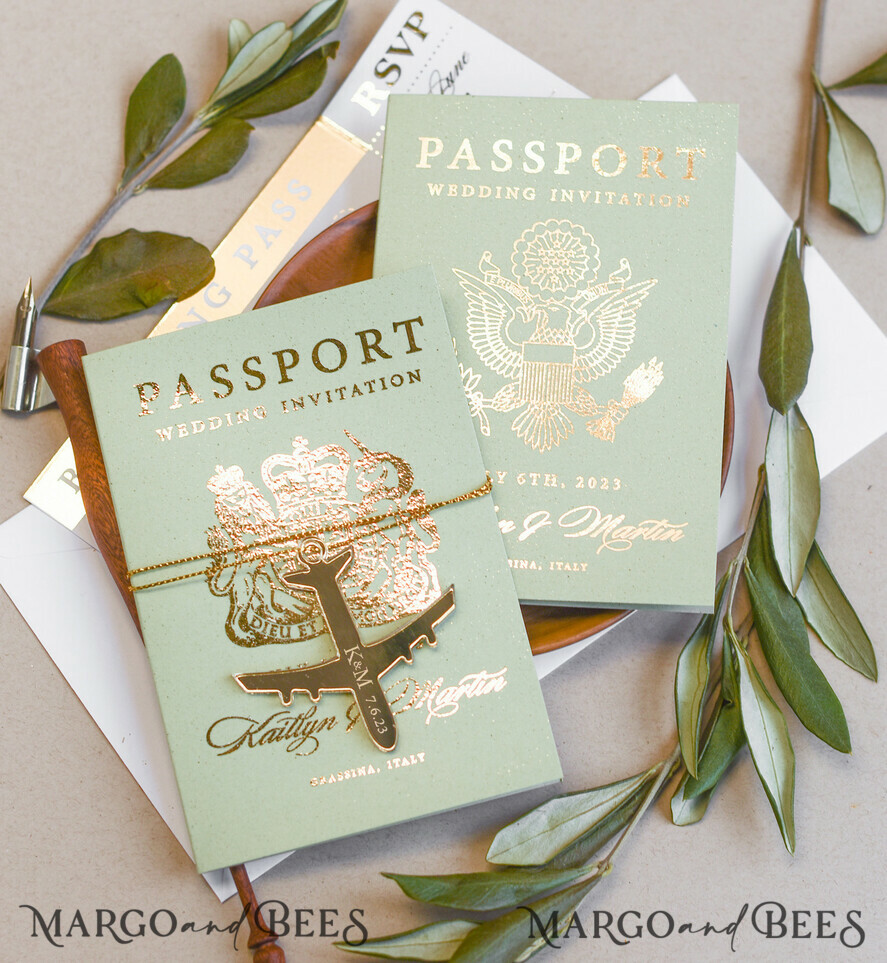 WEDDING INVITATIONS passport to love/ beach wedding invites Sage Green Tusacny Passport Wedding Invitation, Gold Greece Wedding Cards Boarding Pass, Passport Wedding Invitations Abroad, Greenery Destination Wedding Invites, Travel Map Wedding Stationary