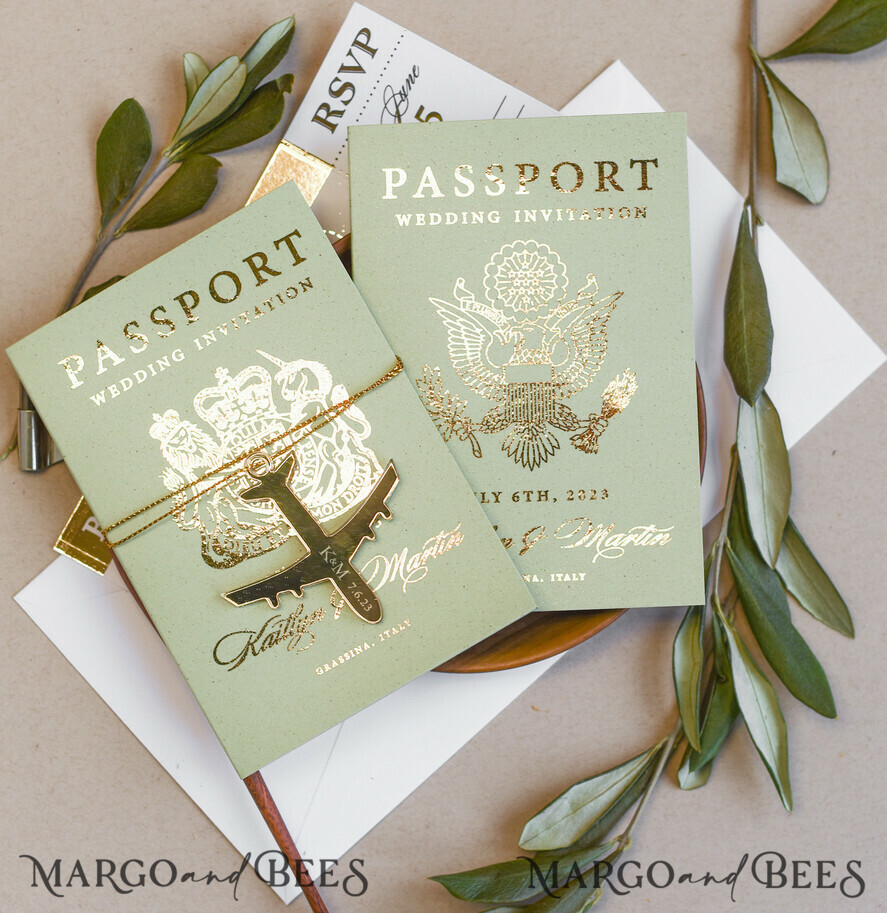 WEDDING INVITATIONS passport to love/ beach wedding invites Sage Green Tusacny Passport Wedding Invitation, Gold Greece Wedding Cards Boarding Pass, Passport Wedding Invitations Abroad, Greenery Destination Wedding Invites, Travel Map Wedding Stationary