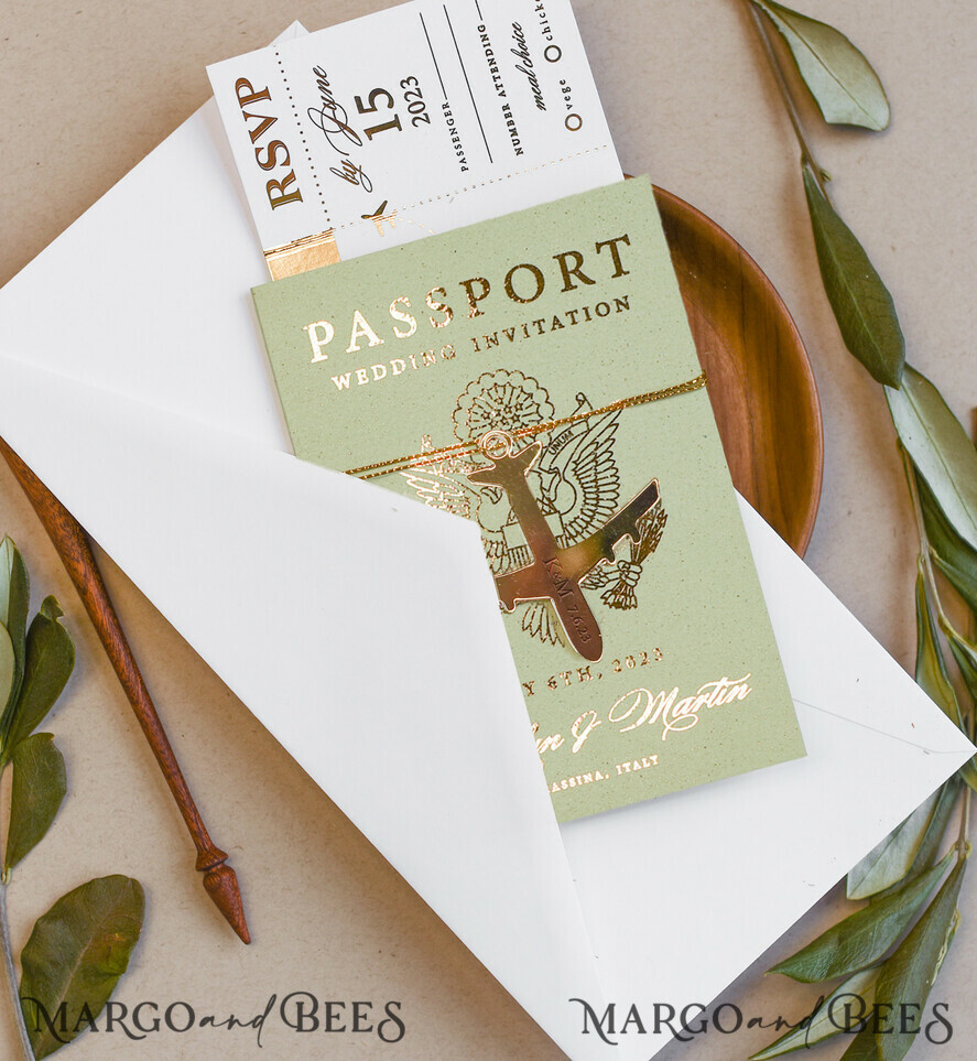 WEDDING INVITATIONS passport to love/ beach wedding invites Sage Green Tusacny Passport Wedding Invitation, Gold Greece Wedding Cards Boarding Pass, Passport Wedding Invitations Abroad, Greenery Destination Wedding Invites, Travel Map Wedding Stationary