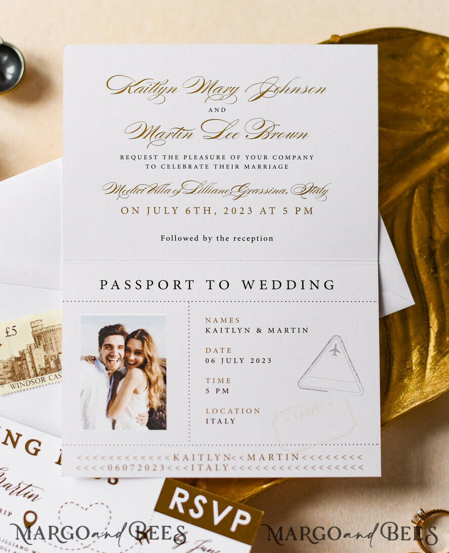 WEDDING INVITATIONS passport to love/ beach wedding invites White Gold Passport Wedding Invitation, Golden Plane Wedding Cards Boarding Pass, Travel Passport Wedding Invitations Abroad, Destination Wedding Invites, Travel Map Wedding Stationary