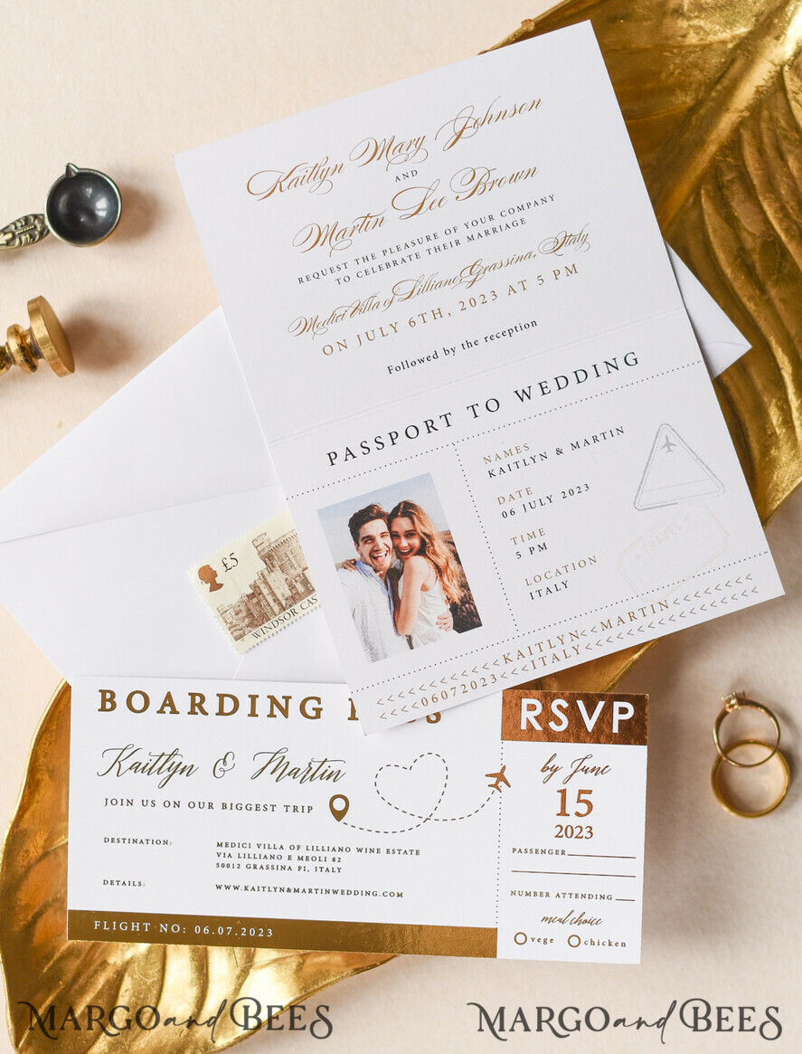 WEDDING INVITATIONS passport to love/ beach wedding invites White Gold Passport Wedding Invitation, Golden Plane Wedding Cards Boarding Pass, Travel Passport Wedding Invitations Abroad, Destination Wedding Invites, Travel Map Wedding Stationary