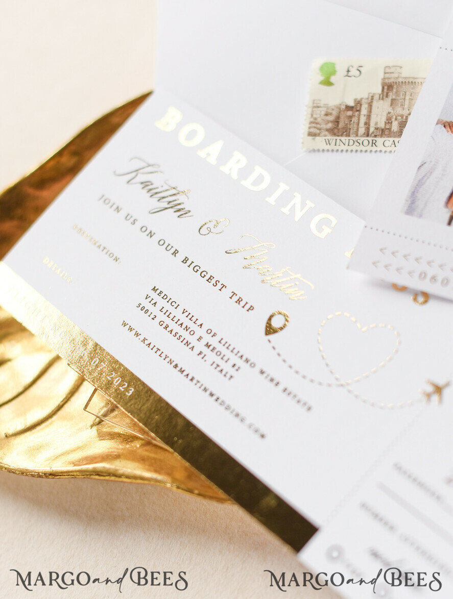 WEDDING INVITATIONS passport to love/ beach wedding invites White Gold Passport Wedding Invitation, Golden Plane Wedding Cards Boarding Pass, Travel Passport Wedding Invitations Abroad, Destination Wedding Invites, Travel Map Wedding Stationary