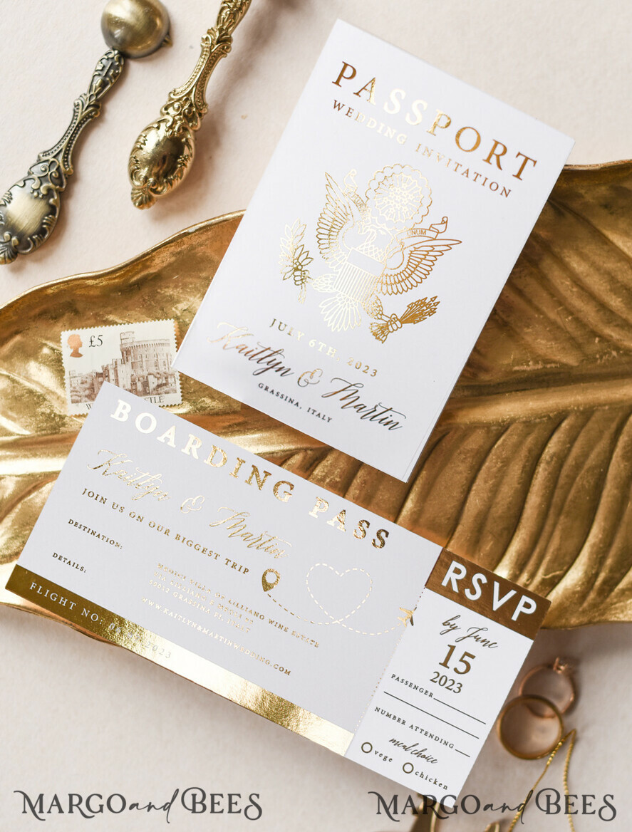 WEDDING INVITATIONS passport to love/ beach wedding invites White Gold Passport Wedding Invitation, Golden Plane Wedding Cards Boarding Pass, Travel Passport Wedding Invitations Abroad, Destination Wedding Invites, Travel Map Wedding Stationary